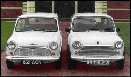 <I>Bilen till vnster r den allra frsta Hundkojan som byggdes i Longbridge 1959.
Bilen till hger byggdes i samma fabrik och p samma produktionslinje 1994</I>