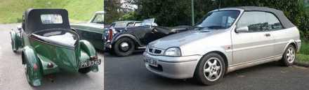 <I>Två Rovercabbar. Den vänstra är en Nazim från 1929 och den högra en <br>Rover 100 från början av 1990-talet. <br>Båda deltog i NTPR-rallyt i walesiska Llangollen i juni 2005.</I>