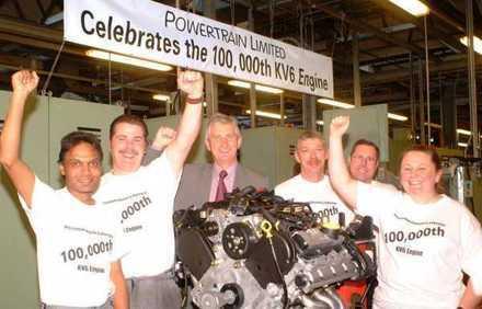 KV6-engine number 100 000 was celebrated at the factory on October 31st 2001 by L-R Ramesh Patel, Tony Easter, Gordon Poynter commercial director, Billy Cragg, Dave Jones and Susan Farrissey. Official picture